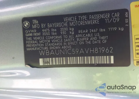 2010 BMW 128I из США, поврежденный, VIN WBAUN1C59AVH81962